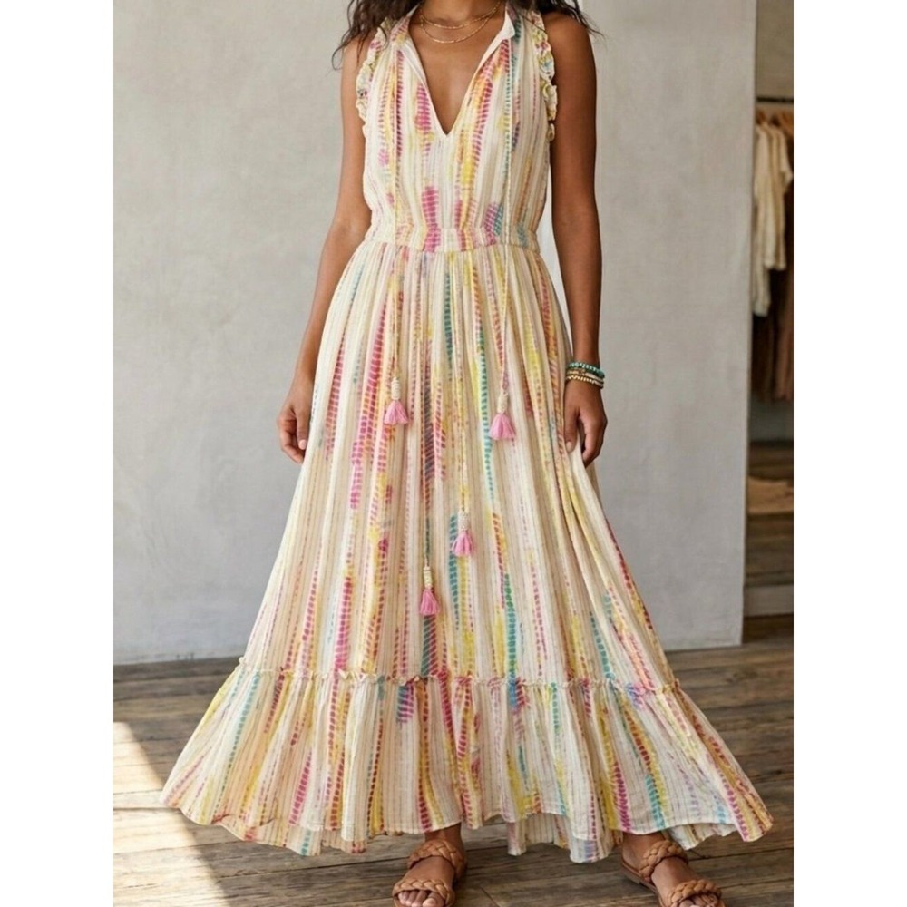 Boho Tiered Black Tape Tie Dye Rayon Tassel Maxi Dress Size S Small